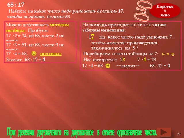 68 : 17 Найдём, на какое число надо умножить делитель