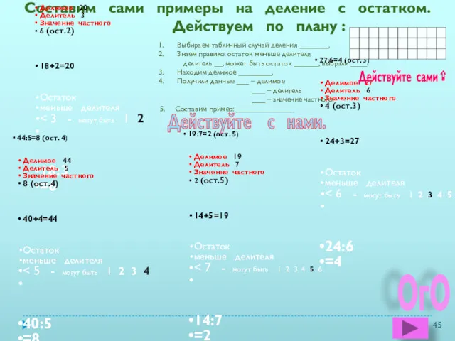 Составим сами примеры на деление с остатком. Действуем по плану