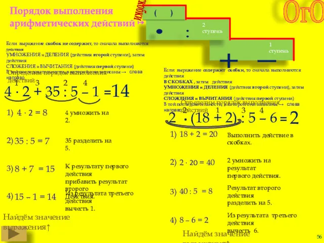 Порядок выполнения арифметических действий ↦ Если выражение скобок не содержит,