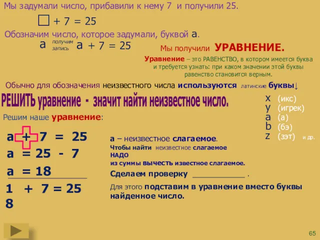 Мы задумали число, прибавили к нему 7 и получили 25.