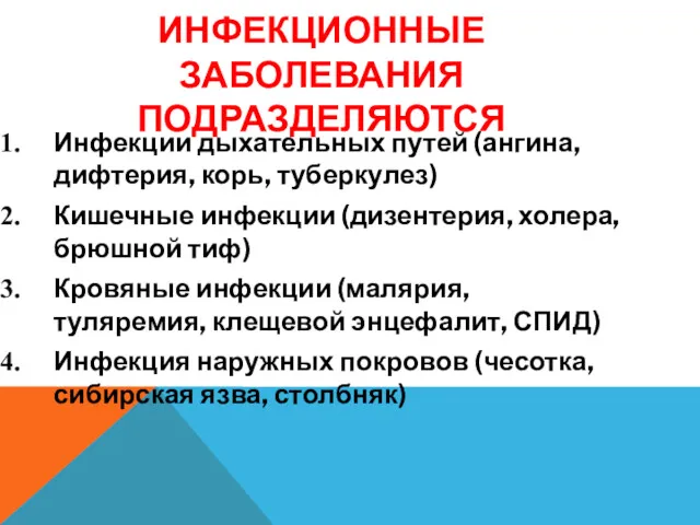 ИНФЕКЦИОННЫЕ ЗАБОЛЕВАНИЯ ПОДРАЗДЕЛЯЮТСЯ Инфекции дыхательных путей (ангина, дифтерия, корь, туберкулез)