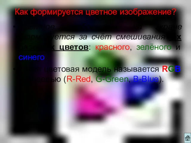 Как формируется цветное изображение? Цветное изображение на экране формируется за