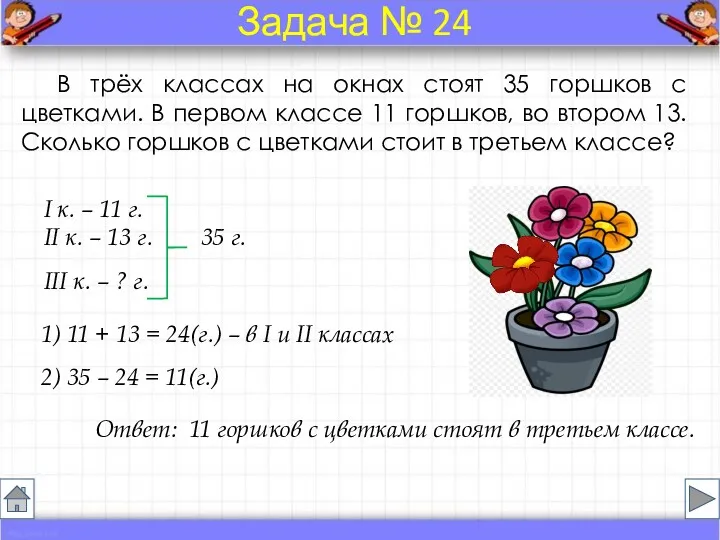 В трёх классах на окнах стоят 35 горшков с цветками.