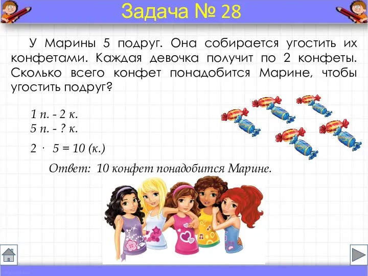 У Марины 5 подруг. Она собирается угостить их конфетами. Каждая