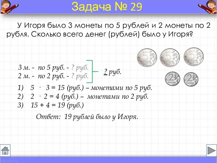 У Игоря было 3 монеты по 5 рублей и 2