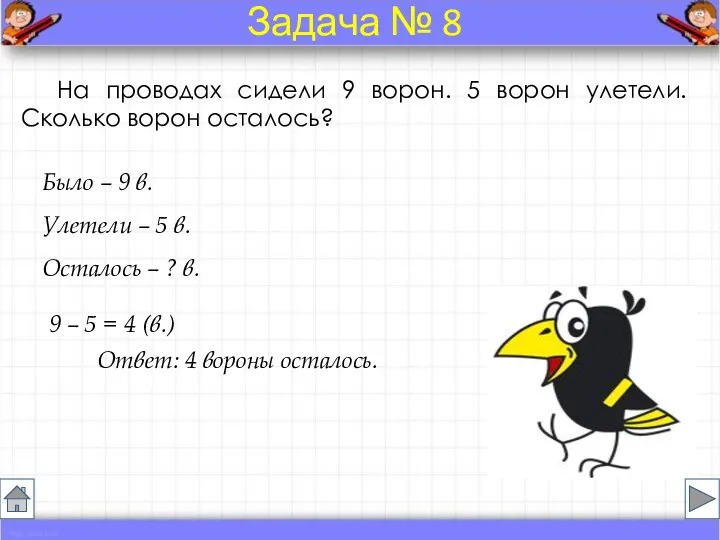 На проводах сидели 9 ворон. 5 ворон улетели. Сколько ворон