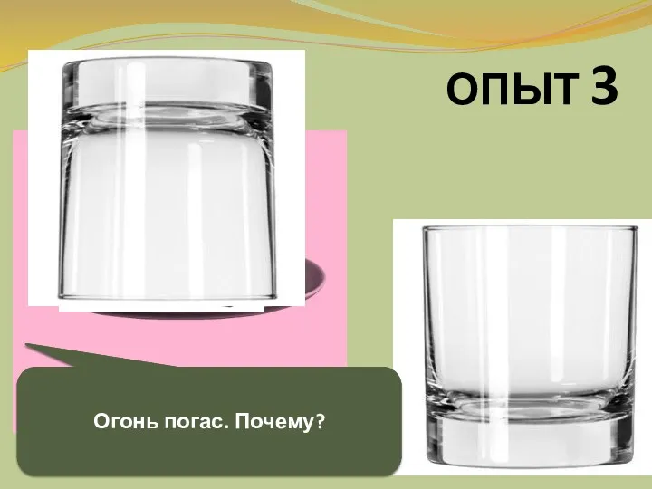 ОПЫТ 3 Зажжем на блюдце бумажку. А теперь накроем её стаканом. Огонь погас. Почему?