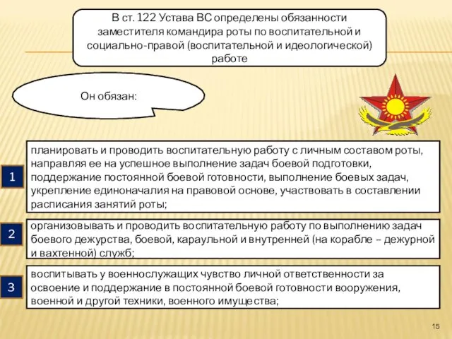 В ст. 122 Устава ВС определены обязанности заместителя командира роты