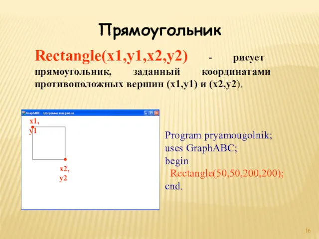 Прямоугольник Rectangle(x1,y1,x2,y2) - рисует прямоугольник, заданный координатами противоположных вершин (x1,y1)