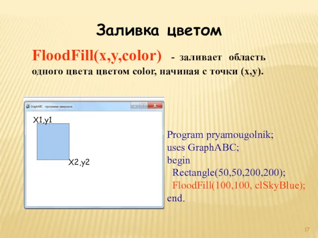 Заливка цветом FloodFill(x,y,color) - заливает область одного цвета цветом color,