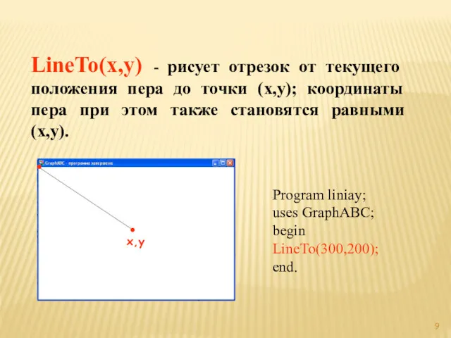 LineTo(x,y) - рисует отрезок от текущего положения пера до точки