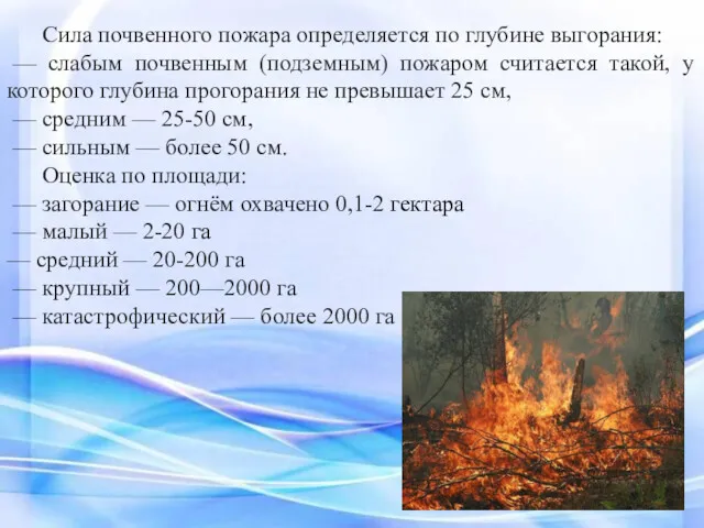 Сила почвенного пожара определяется по глубине выгорания: — слабым почвенным