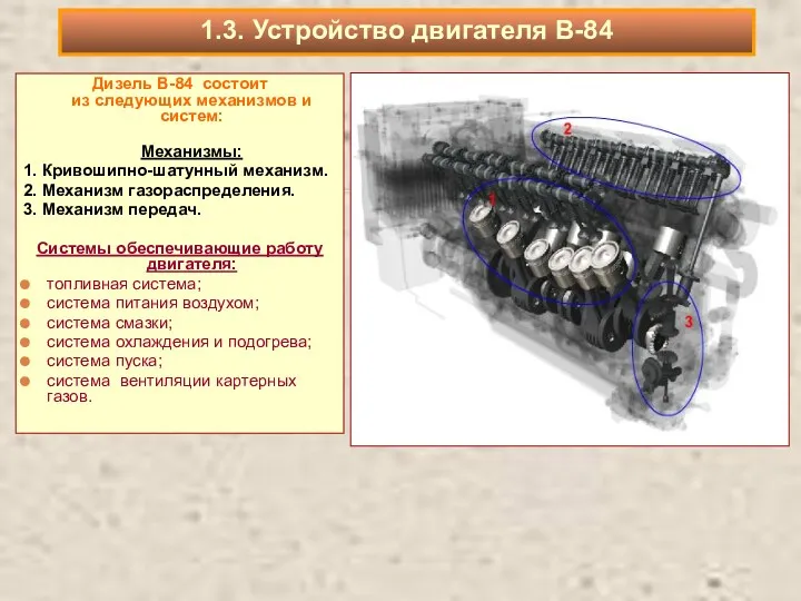 Дизель В-84 состоит из следующих механизмов и систем: Механизмы: 1.