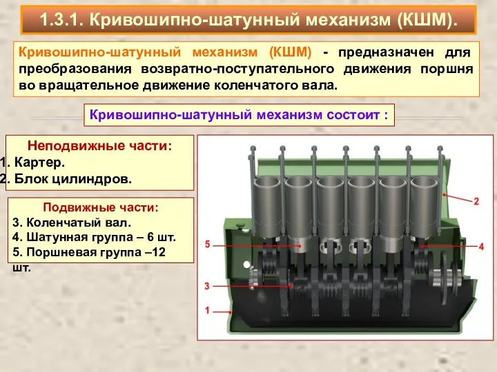 Кривошипно-шатунный механизм (КШМ) - предназначен для преобразования возвратно-поступательного движения поршня