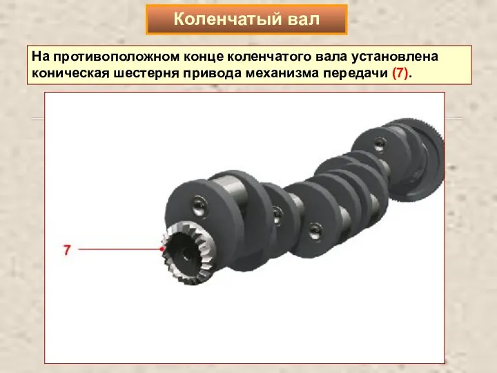 На противоположном конце коленчатого вала установлена коническая шестерня привода механизма передачи (7). Коленчатый вал