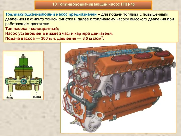 Топливоподкачивающий насос предназначен – для подачи топлива с повышенным давлением