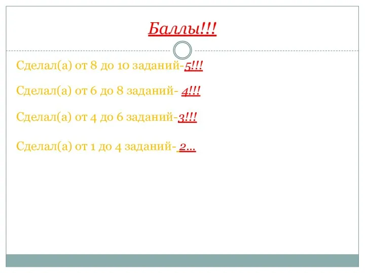 Баллы!!! Сделал(а) от 8 до 10 заданий-5!!! Сделал(а) от 6