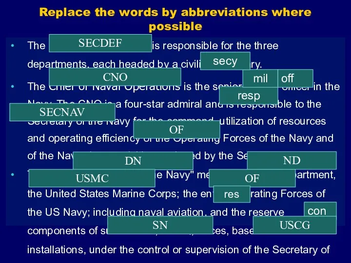 Replace the words by abbreviations where possible The Secretary of