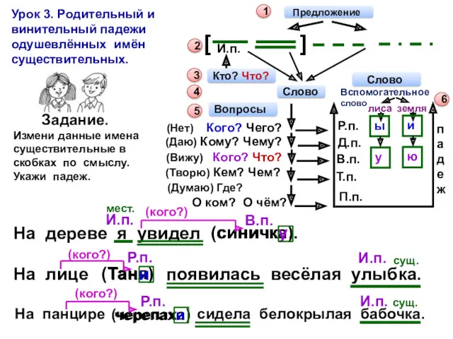 Предложение Урок 3. Родительный и винительный падежи одушевлённых имён существительных.