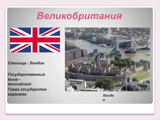 Столица - Лондон Государственный язык – английский Глава государства - королева Великобритания Лондон