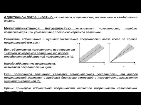 Аддитивной погрешностью называется погрешность, постоянная в каждой точке шкалы. Мультипликативной