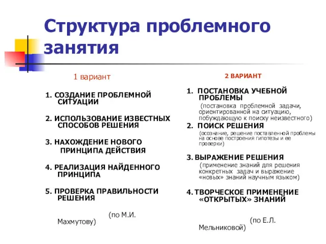 Структура проблемного занятия 1 вариант 1. СОЗДАНИЕ ПРОБЛЕМНОЙ СИТУАЦИИ 2.