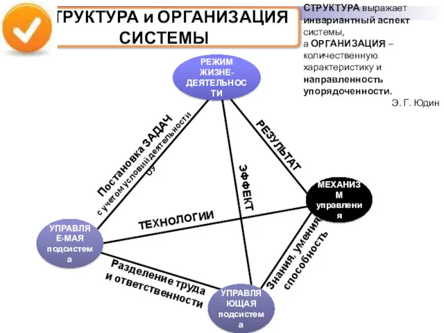 СТРУКТУРА и ОРГАНИЗАЦИЯ СИСТЕМЫ УПРАВЛЯЕ-МАЯ подсистема МЕХАНИЗМ управления РЕЖИМ ЖИЗНЕ-ДЕЯТЕЛЬНОСТИ