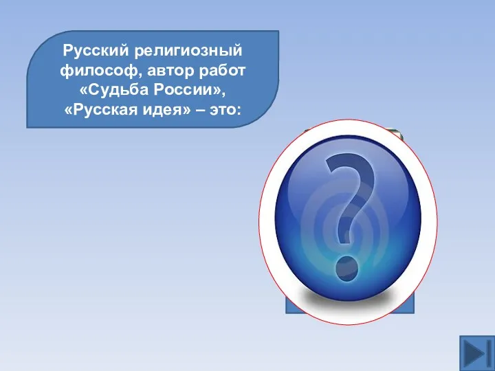 Русский религиозный философ, автор работ «Судьба России», «Русская идея» – это: Н.А.Бердяев