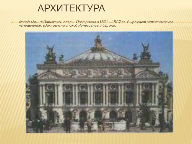 АРХИТЕКТУРА Фасад здания Парижской оперы. Построено в 1861 —1867 гг.