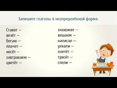 Запишите глаголы в неопределённой форме. Ставят — везёт — бегаю