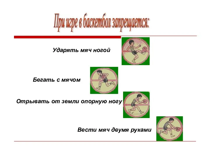 При игре в баскетбол запрещается: Ударять мяч ногой Бегать с