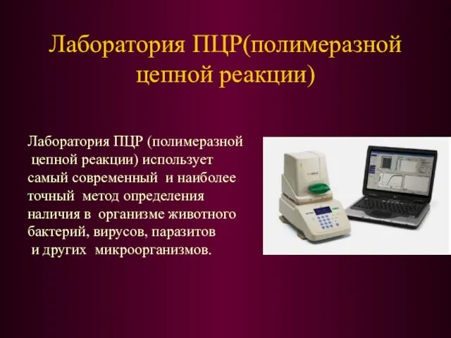 Лаборатория ПЦР(полимеразной цепной реакции) Лаборатория ПЦР (полимеразной цепной реакции) использует