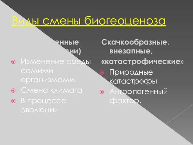 Виды смены биогеоценоза Постепенные (Сукцессии) Изменение среды самими организмами. Смена