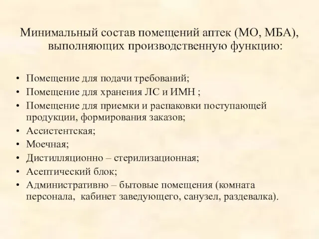 Минимальный состав помещений аптек (МО, МБА), выполняющих производственную функцию: Помещение