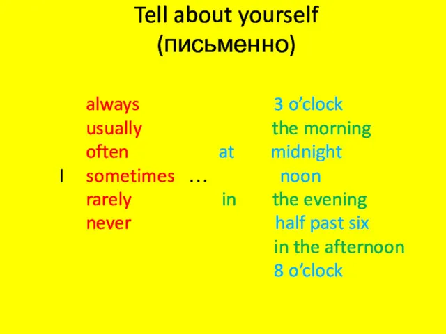 Tell about yourself (письменно) always 3 o’clock usually the morning
