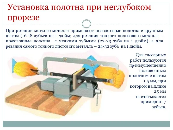 Установка полотна при неглубоком прорезе При резании мягкого металла применяют