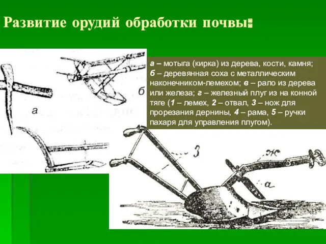 Развитие орудий обработки почвы: а – мотыга (кирка) из дерева, кости, камня; б