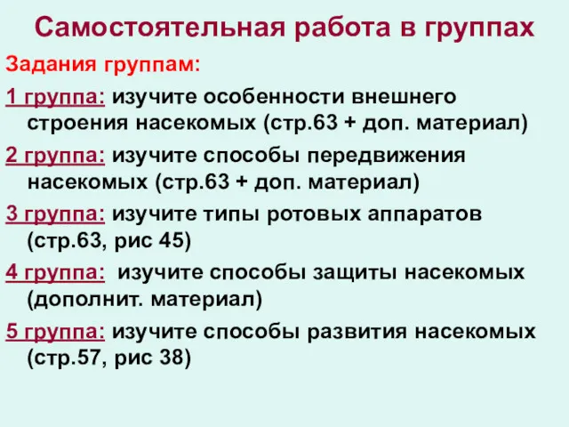 Самостоятельная работа в группах Задания группам: 1 группа: изучите особенности