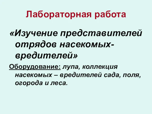 Лабораторная работа «Изучение представителей отрядов насекомых-вредителей» Оборудование: лупа, коллекция насекомых