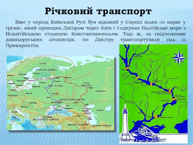 Річковий транспорт Вже у період Київської Русі був відомий у Європі шлях «із