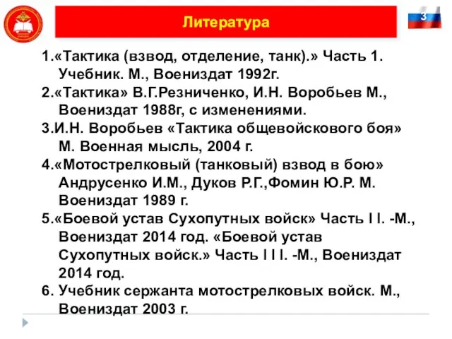 3 Литература 1.«Тактика (взвод, отделение, танк).» Часть 1. Учебник. М.,