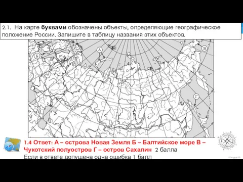 1.4 Ответ: А – острова Новая Земля Б – Балтийское