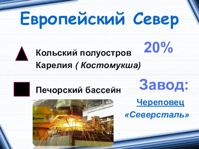 Европейский Север Кольский полуостров Карелия ( Костомукша) Печорский бассейн Череповец «Северсталь» 20% Завод: