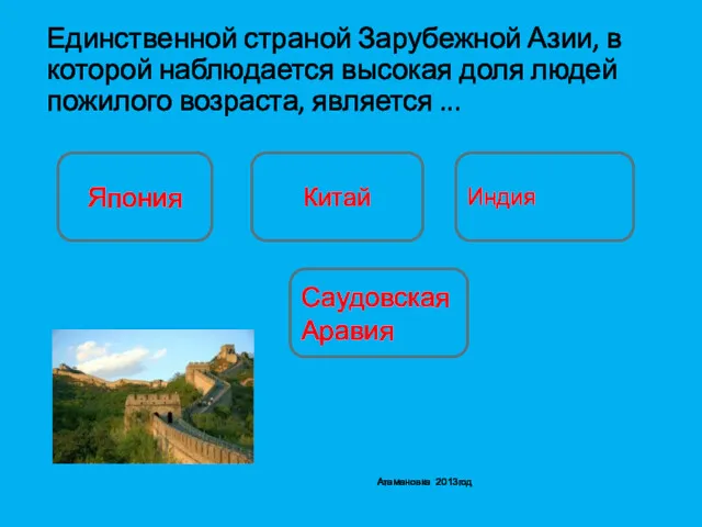 Единственной страной Зарубежной Азии, в которой наблюдается высокая доля людей