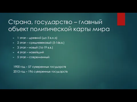 Страна, государство – главный объект политической карты мира 1 этап