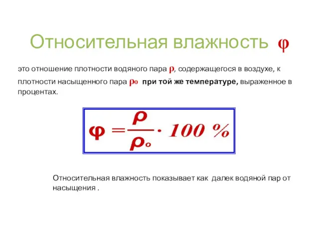 Относительная влажность φ это отношение плотности водяного пара ρ, содержащегося