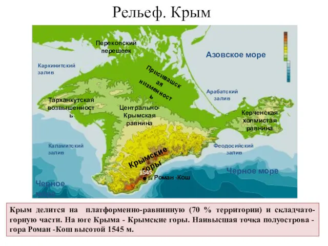 Крым делится на платформенно-равнинную (70 % территории) и складчато-горную части.