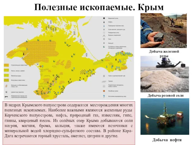 Полезные ископаемые. Крым В недрах Крымского полуострова содержатся месторождения многих полезных ископаемых. Наиболее