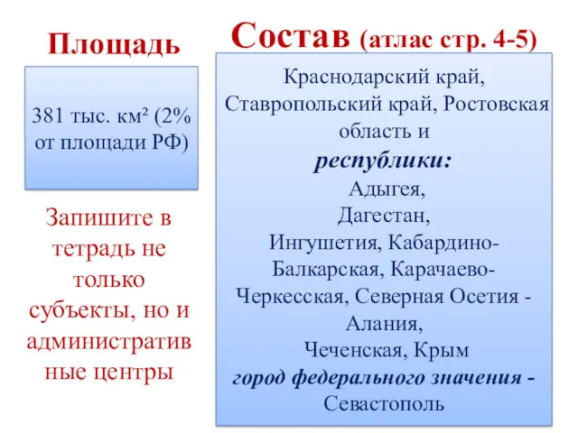 381 тыс. км² (2% от площади РФ) Площадь Состав (атлас стр. 4-5) Краснодарский