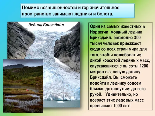 Помимо возвышенностей и гор значительное пространство занимают ледники и болота.